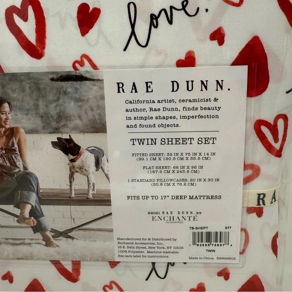 Rae Dunn Twin sheet set Love heart Valentines Day red white NWT